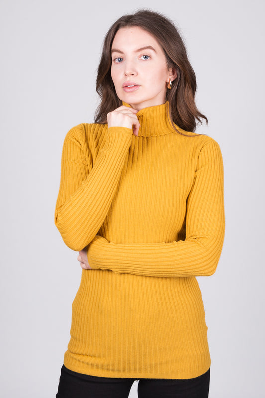 Ribbed High-Neck Jumper - Mustard