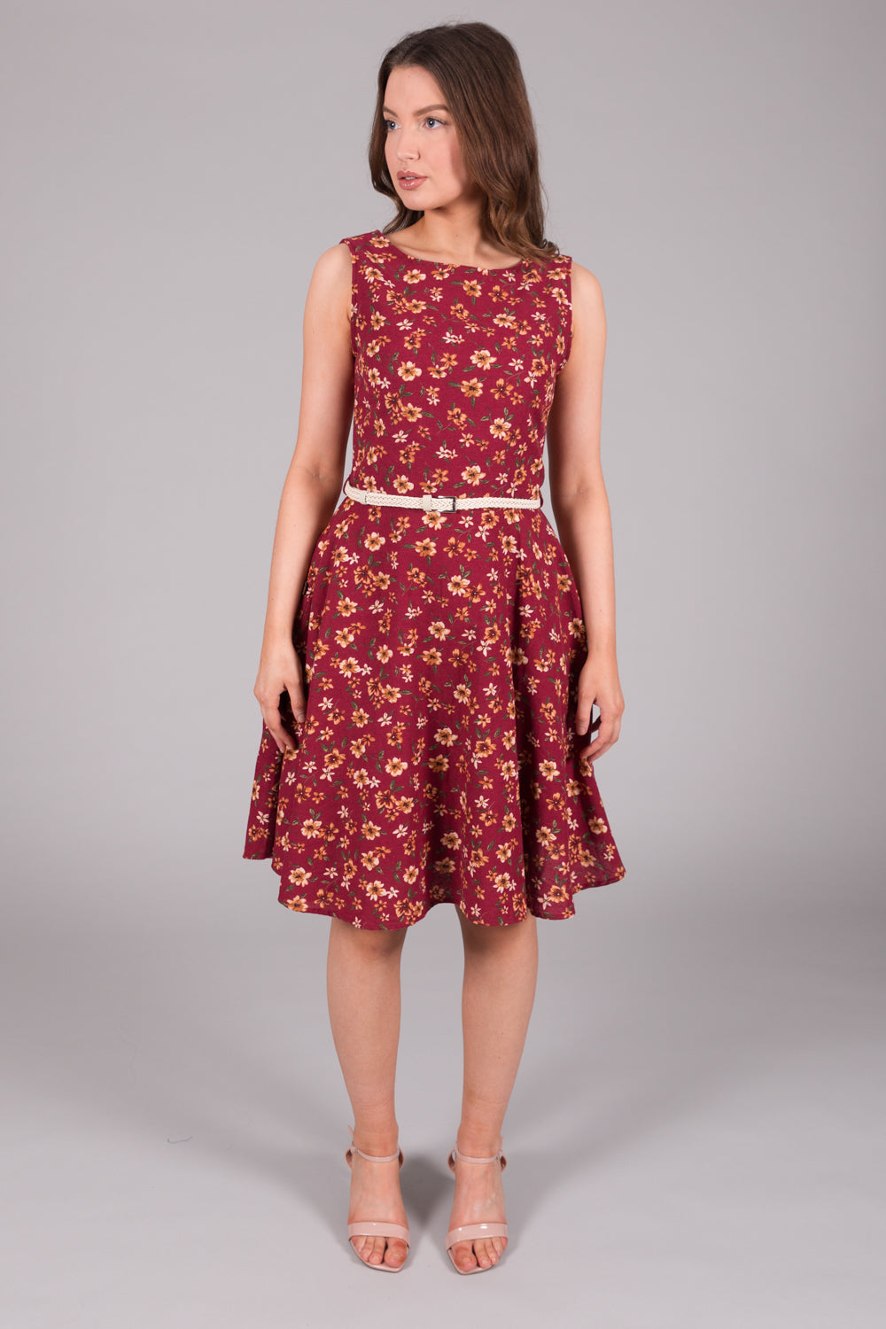 Linen Print Dress with Pockets - Red