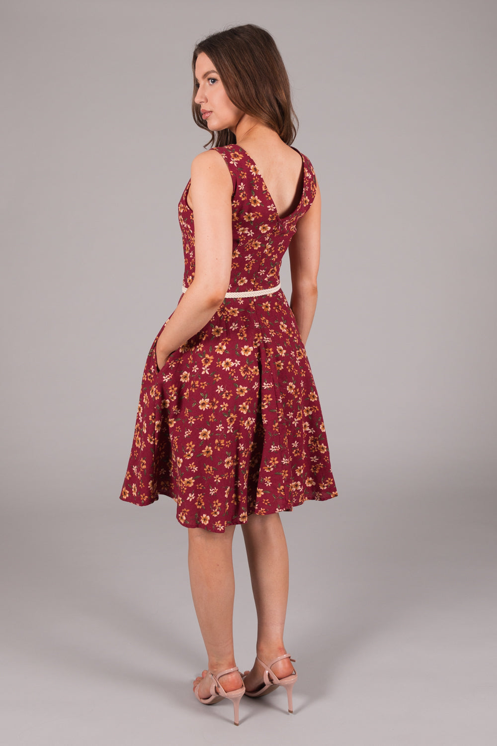 Linen Print Dress with Pockets - Red