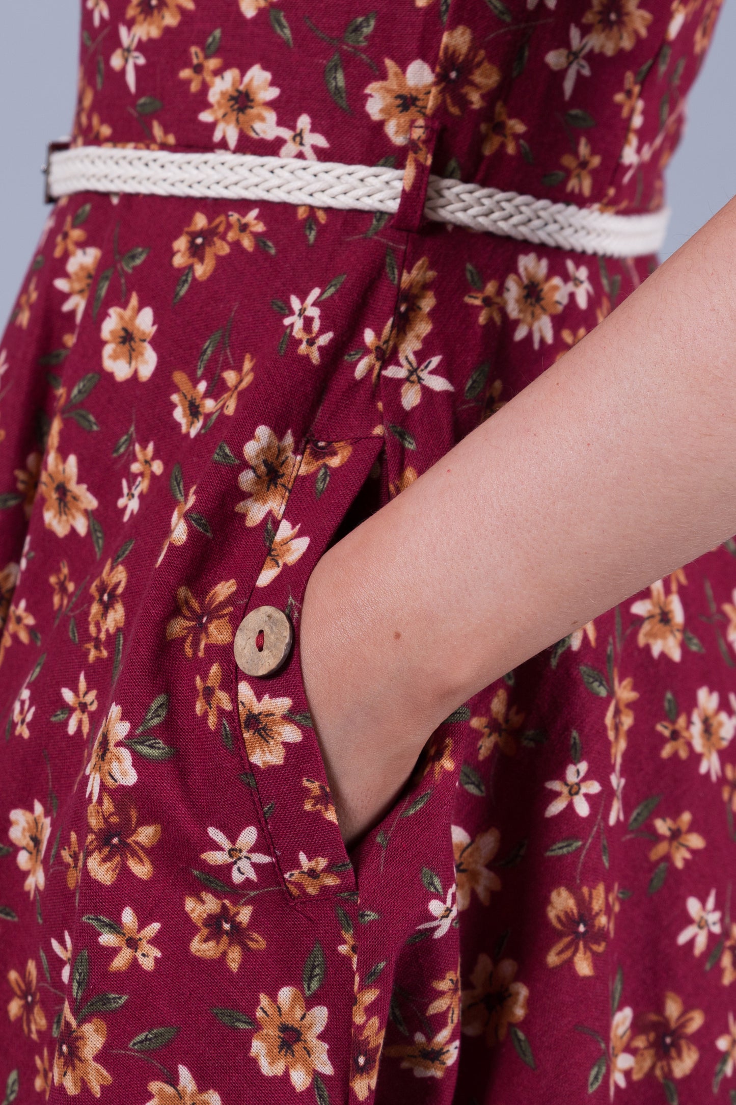 Linen Print Dress with Pockets - Red