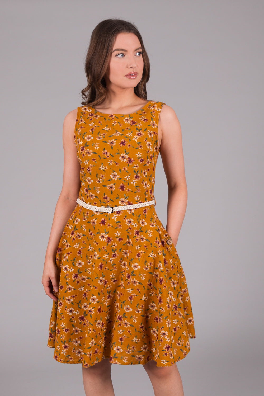 Linen Print Dress with Pockets - Mustard