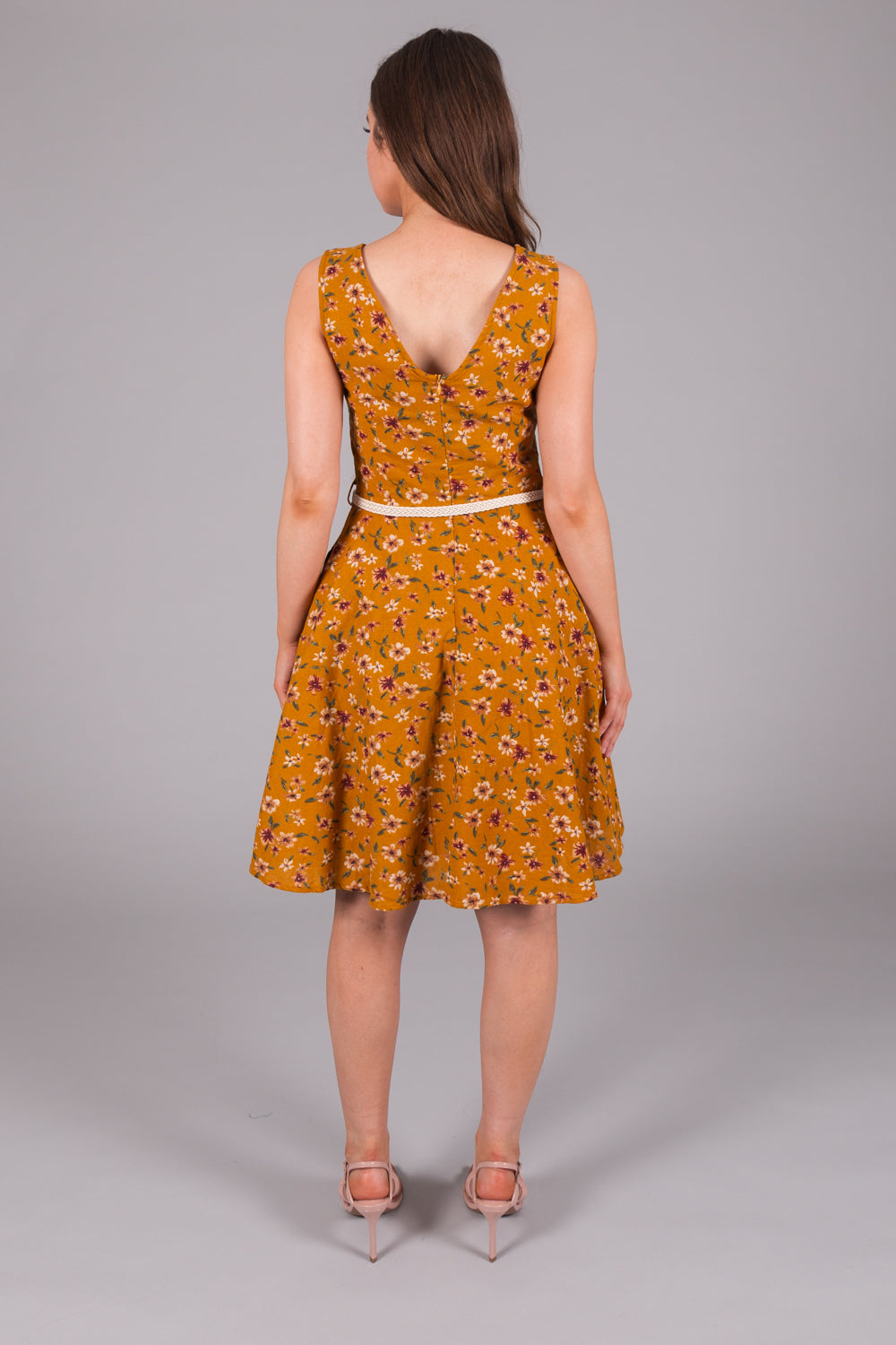 Linen Print Dress with Pockets - Mustard