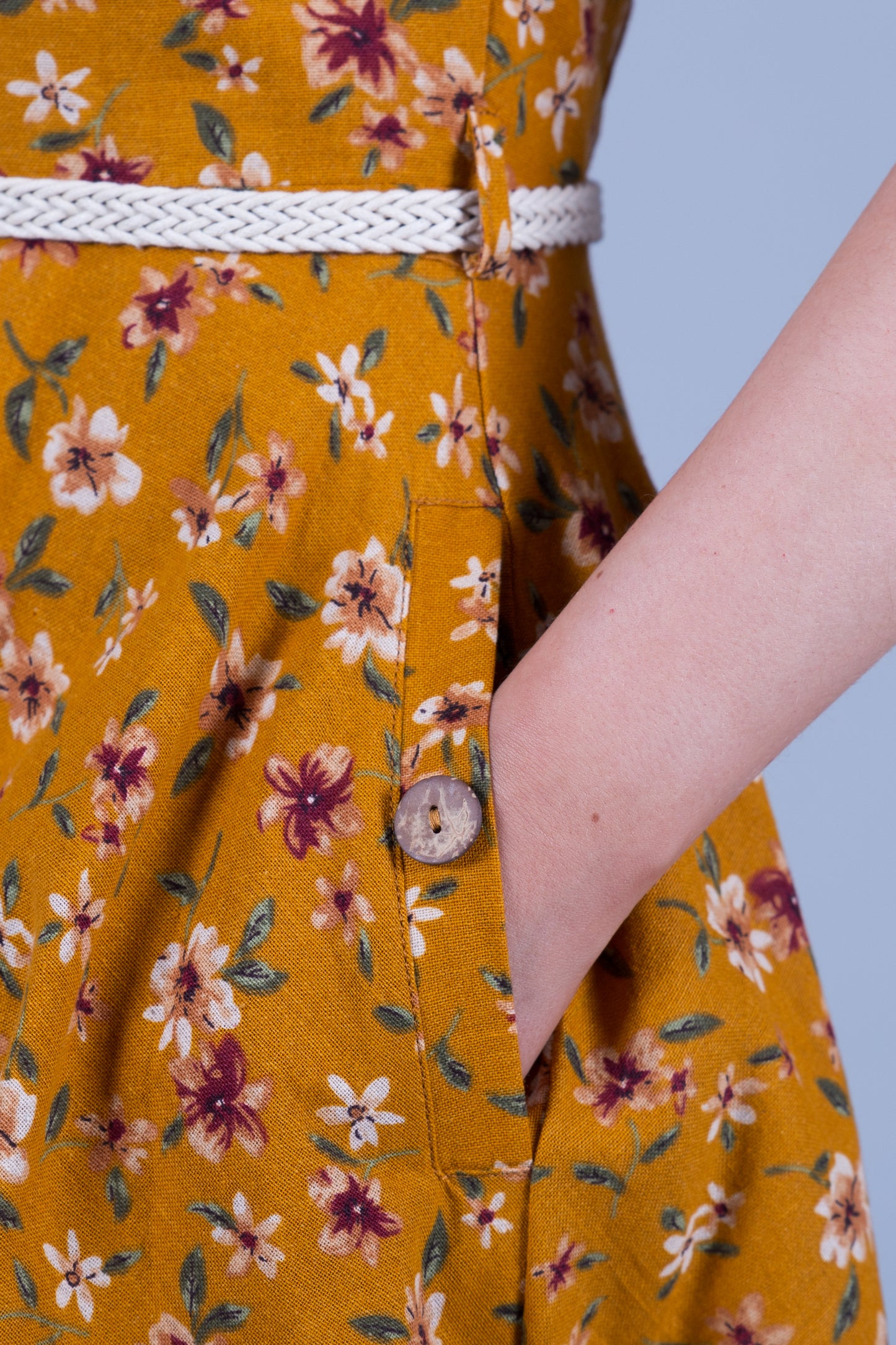 Linen Print Dress with Pockets - Mustard