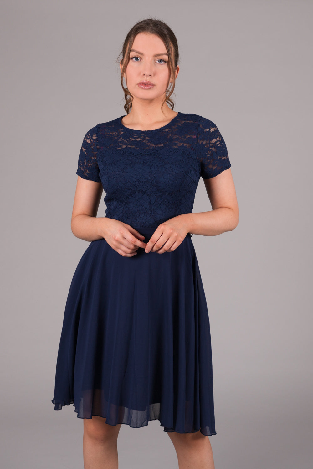 Lace Bodice Fit & Flare Dress - Navy