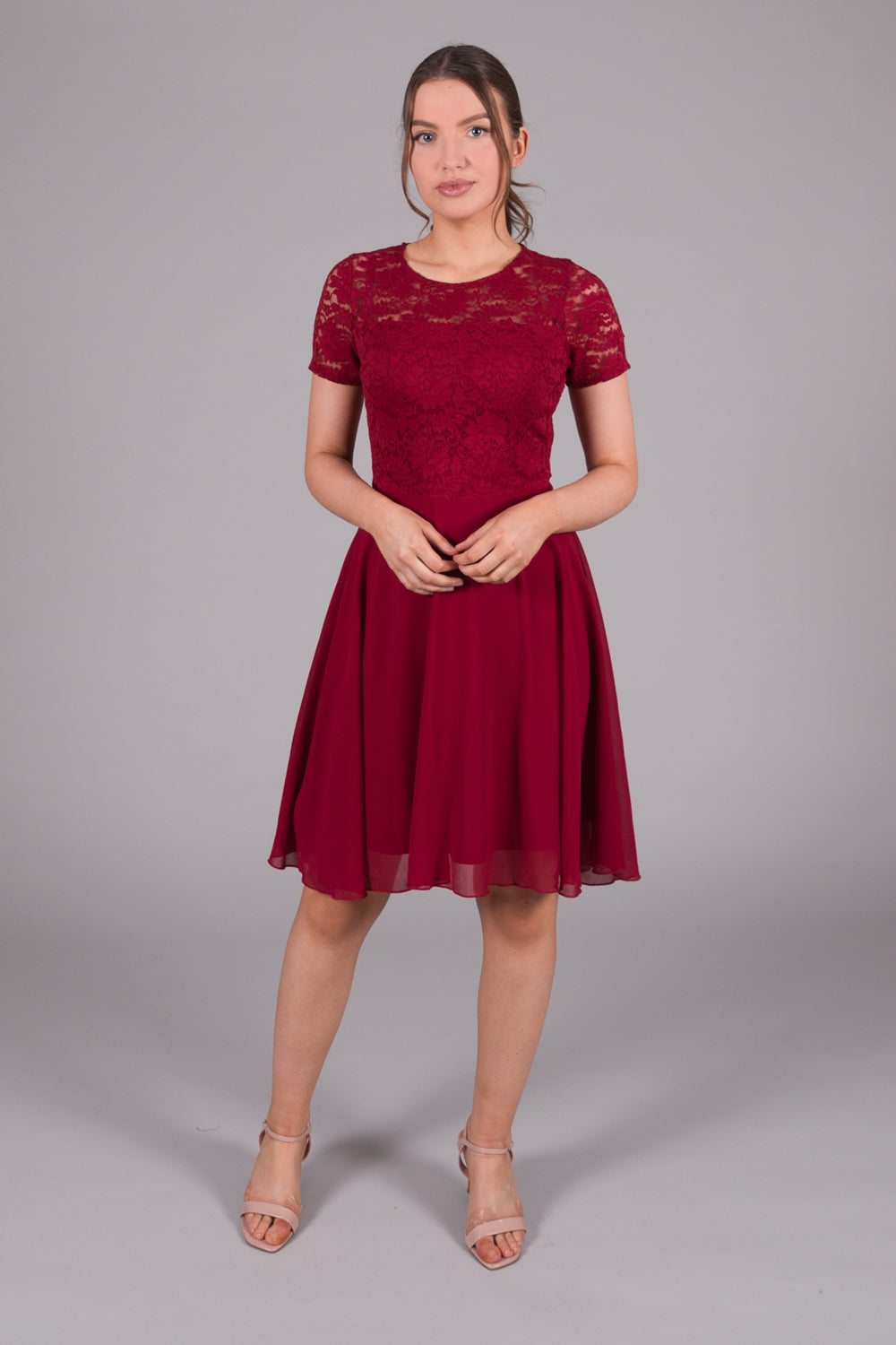 Lace Bodice Fit & Flare Dress - Wine