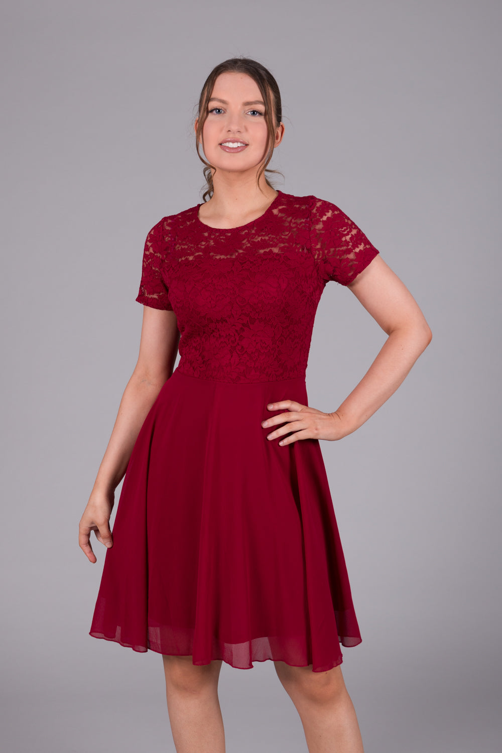 Lace Bodice Fit & Flare Dress - Wine