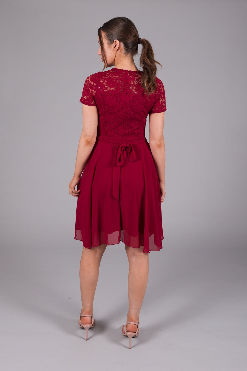 Lace Bodice Fit & Flare Dress - Wine