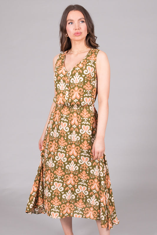 Sleeveless V-Neck Abstract Print Dress with Waist Tie - Green