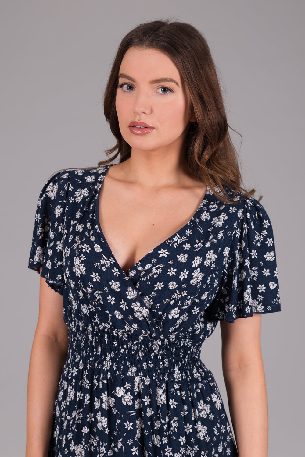 Floral Ditsy Print Smock Wrap Dress - Navy