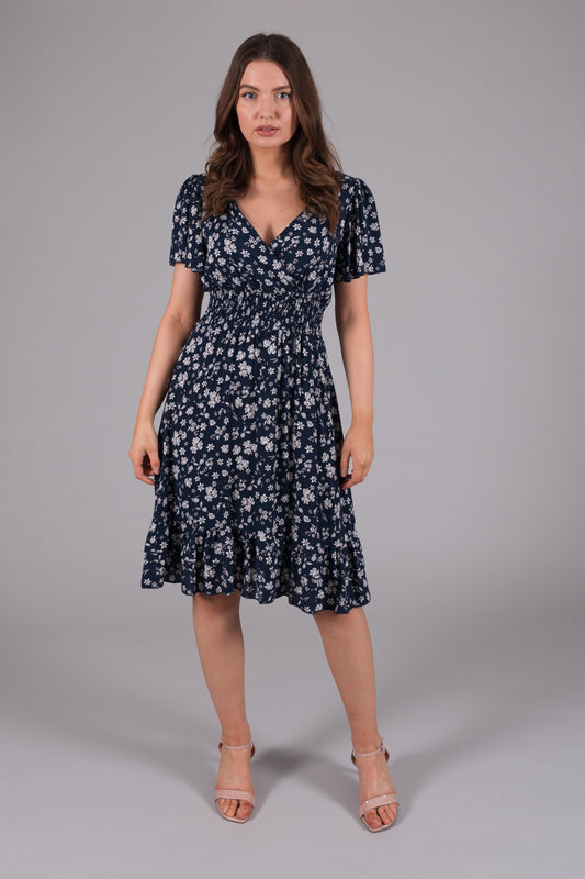 Floral Ditsy Print Smock Wrap Dress - Navy