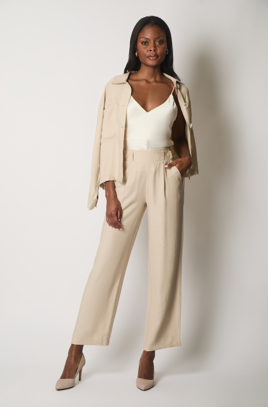 High-Waisted Tailored Trousers - Stone