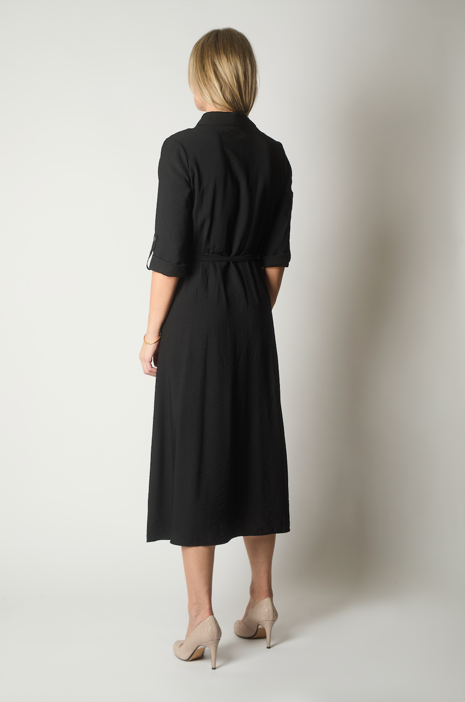 Button-Down Shirt Dress with Waist Tie - Black