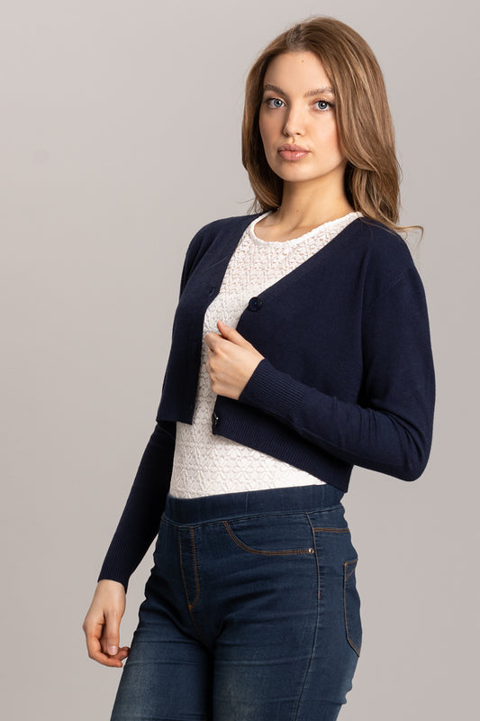 Cropped Knit Cardigan - Navy