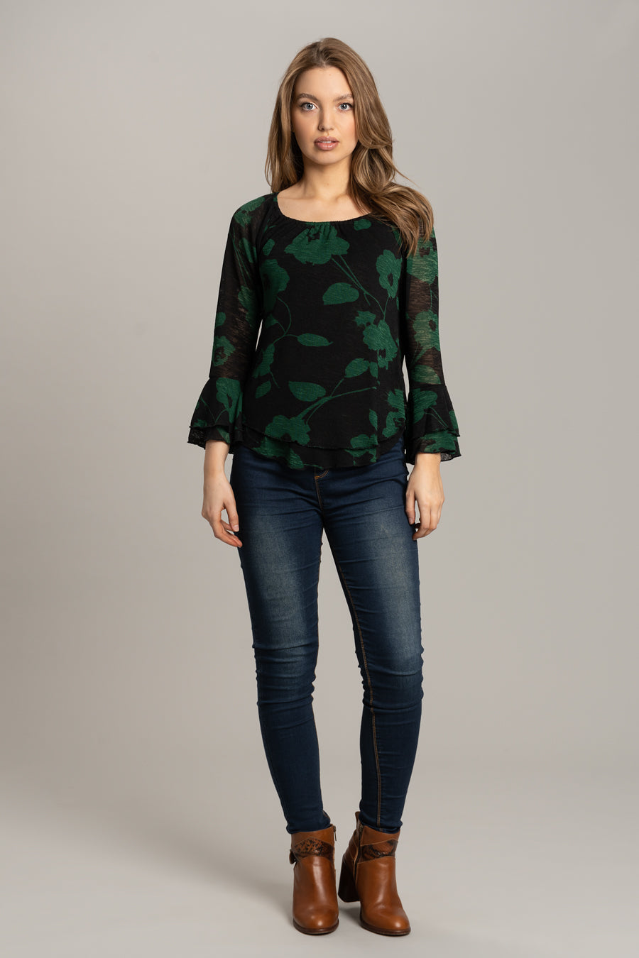 Print Top with Frill Sleeves - Green