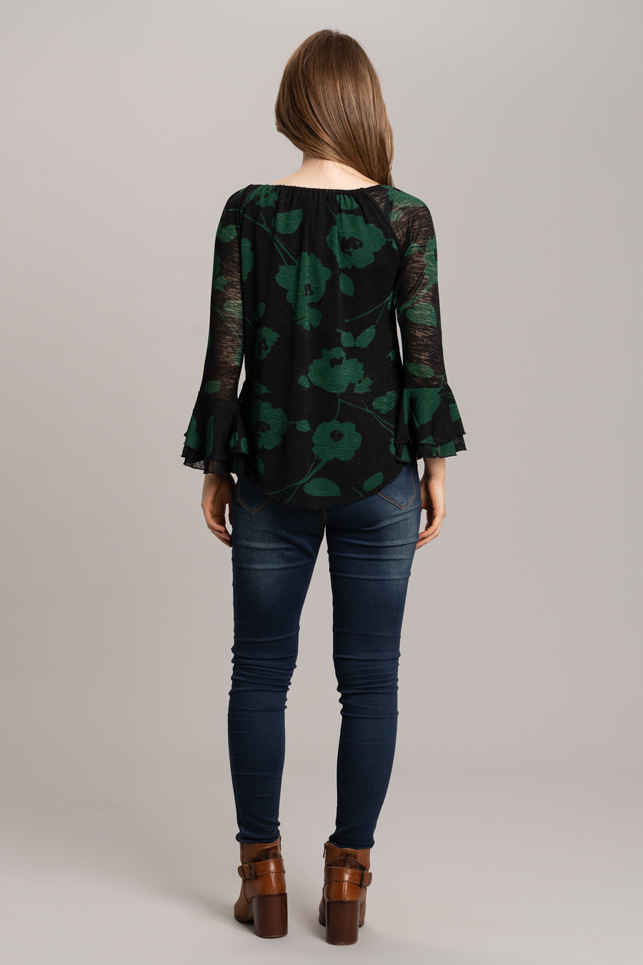 Print Top with Frill Sleeves - Green