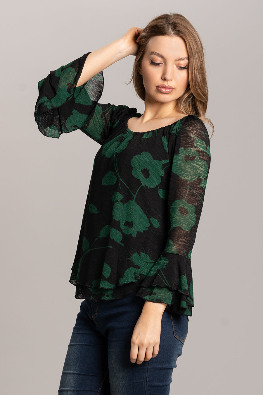 Print Top with Frill Sleeves - Green