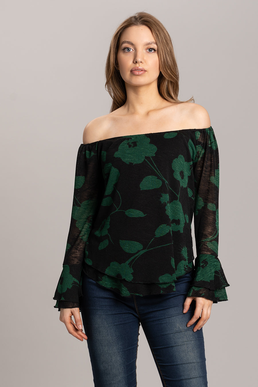 Print Top with Frill Sleeves - Green