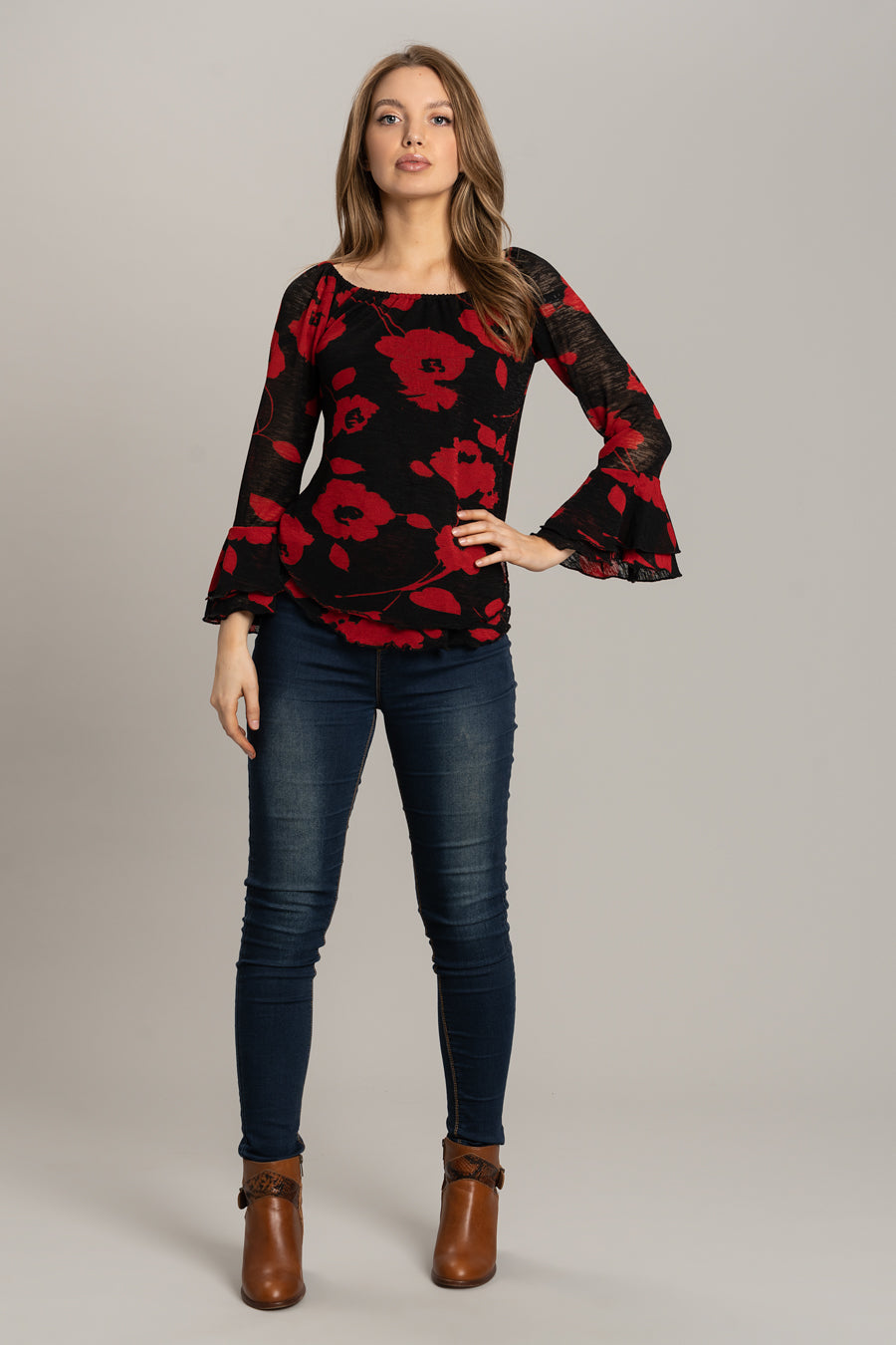 Print Top with Frill Sleeves - Red