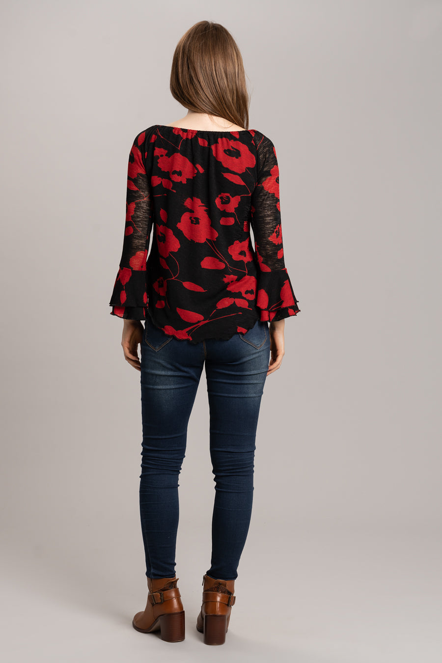 Print Top with Frill Sleeves - Red