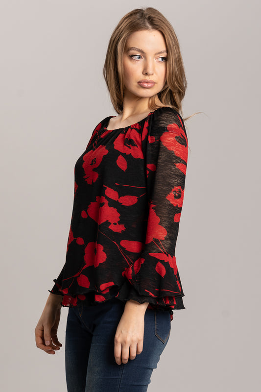 Print Top with Frill Sleeves - Red