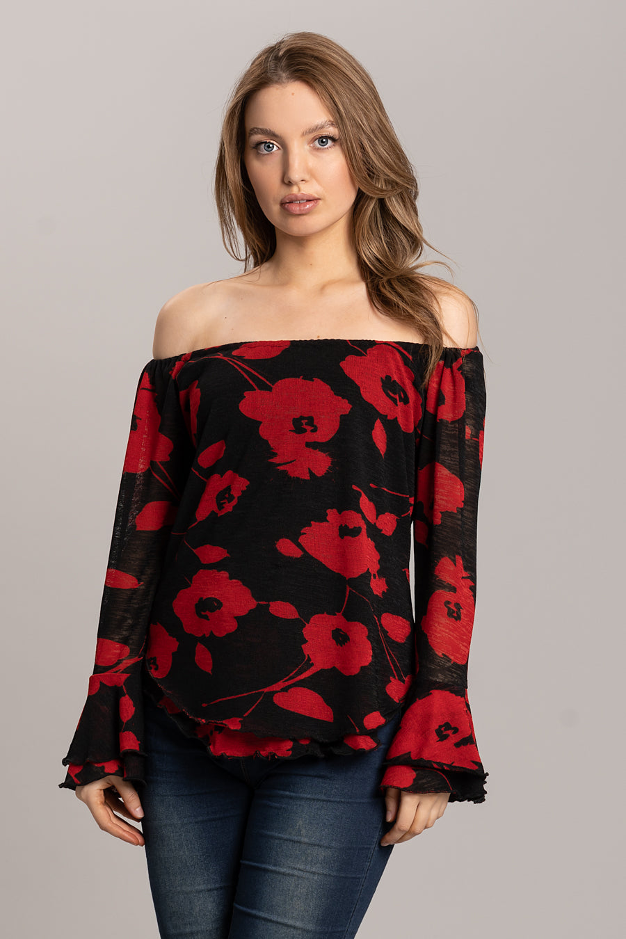 Print Top with Frill Sleeves - Red