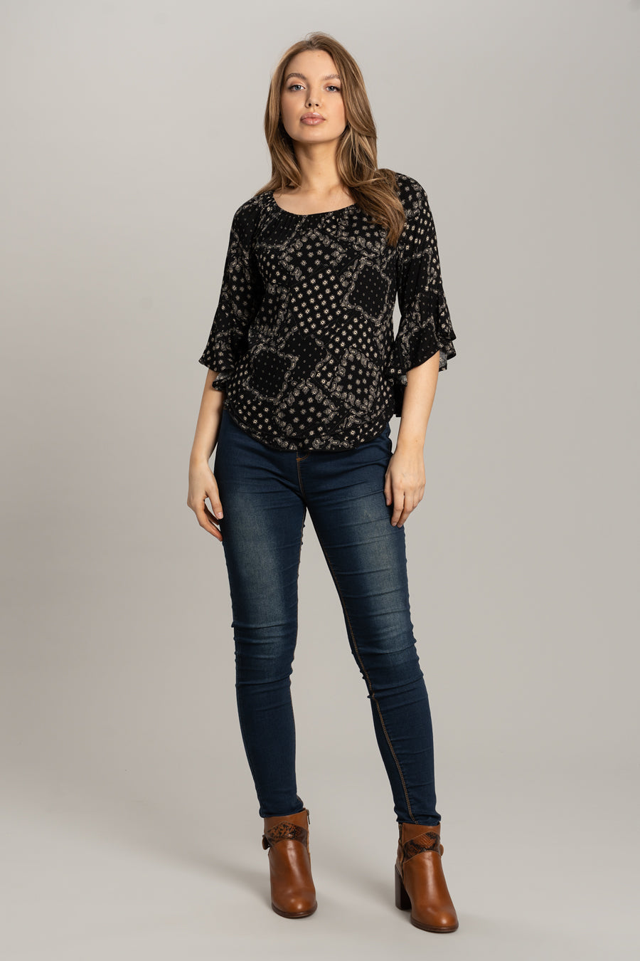 Patch Print Top with Bell Sleeves - Black