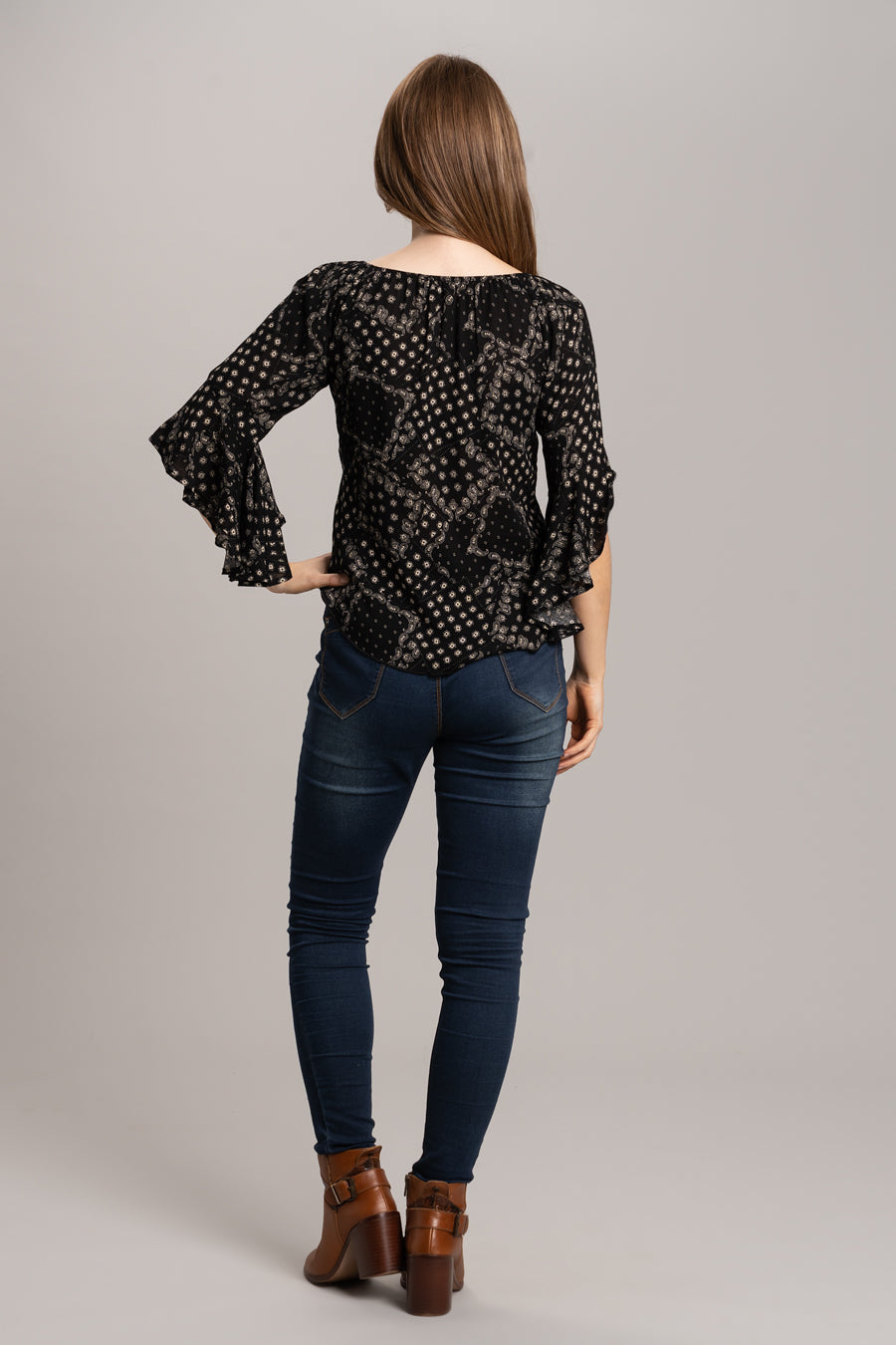 Patch Print Top with Bell Sleeves - Black