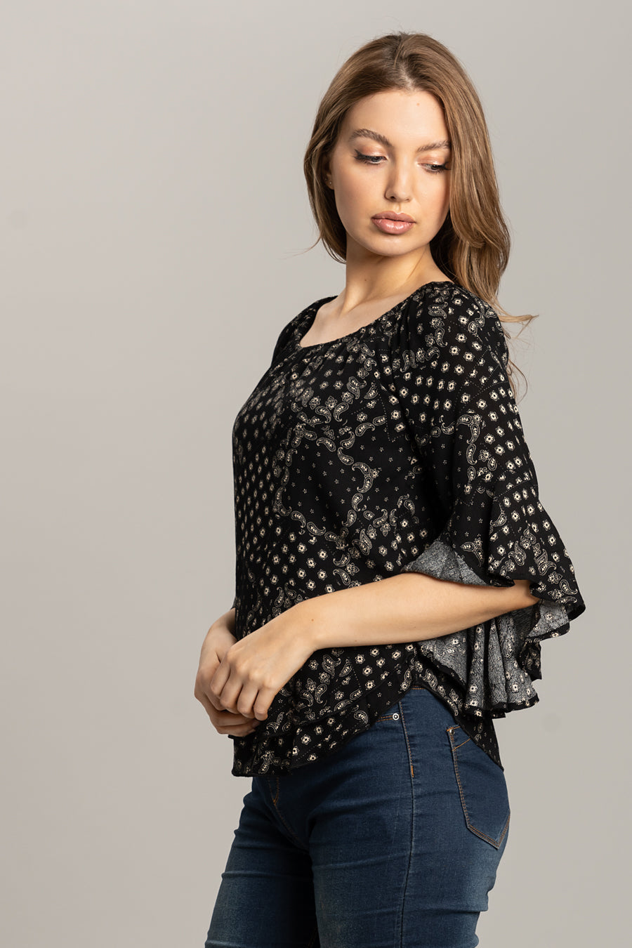 Patch Print Top with Bell Sleeves - Black