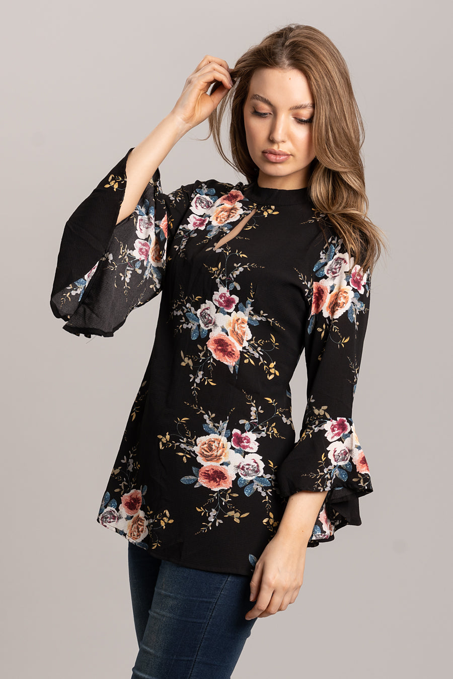 Floral Print Tunic with Bell Sleeves